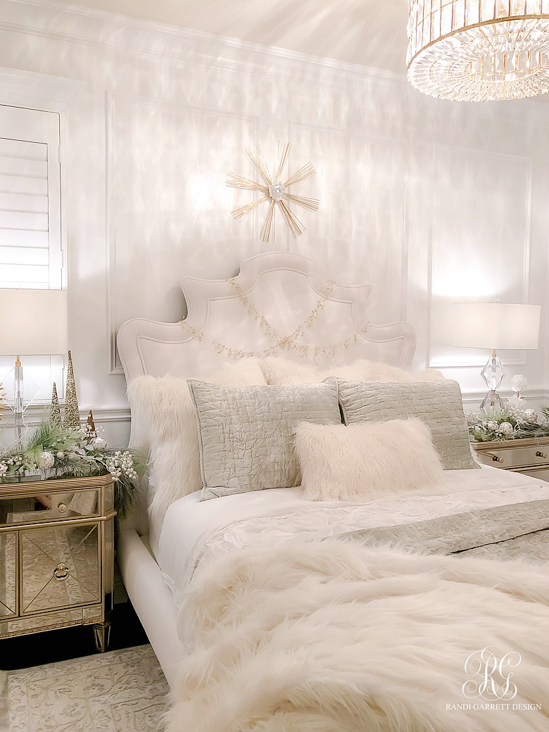 white glam guest bedroom decorated for christmas