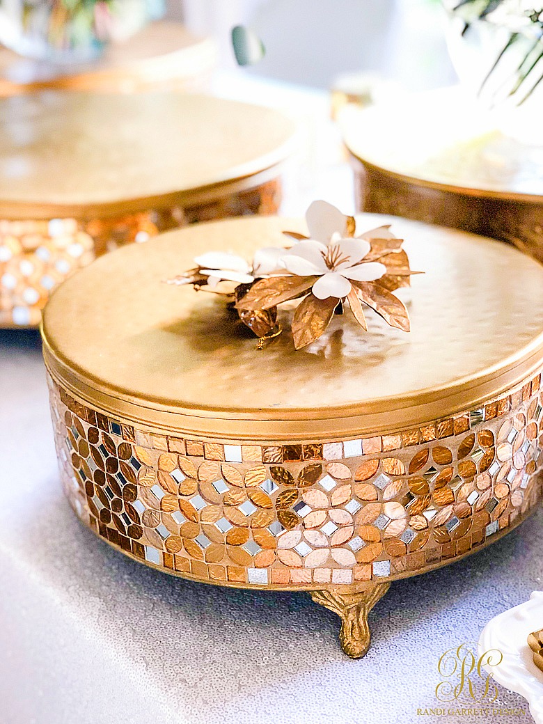 gold mosaic cake stand - How to Host a Christmas Favorites Party