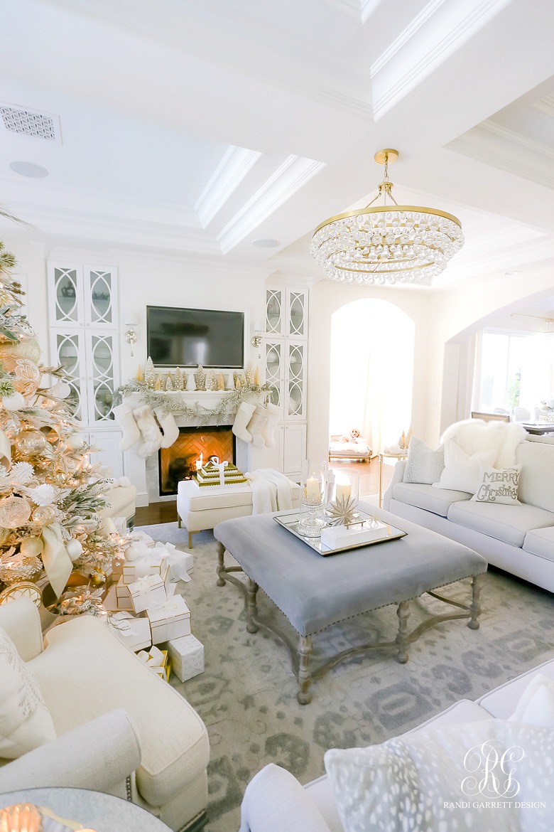 Elegant white and gold Christmas family room 
