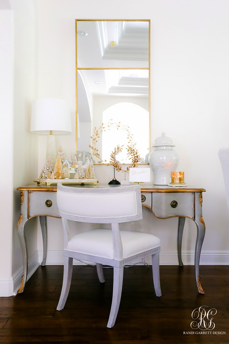 Gray and gold desk styled for christmas 