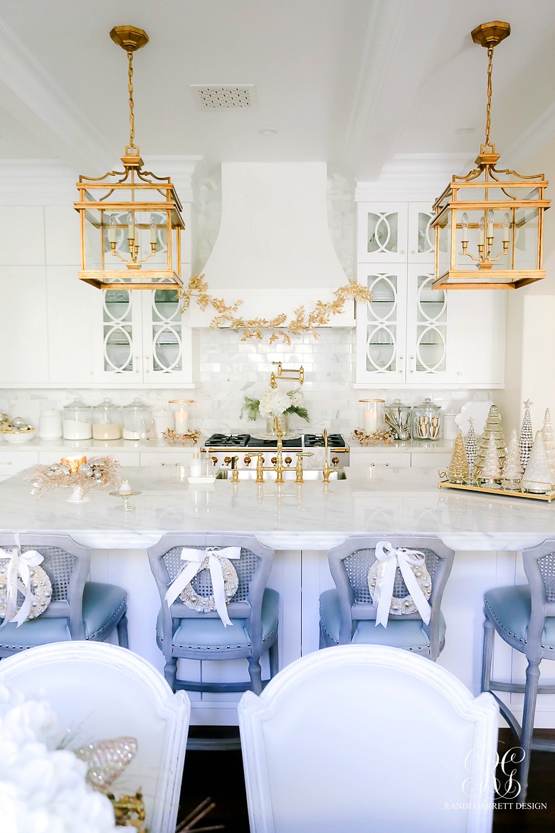 white and gold kitchen styled for Christmas