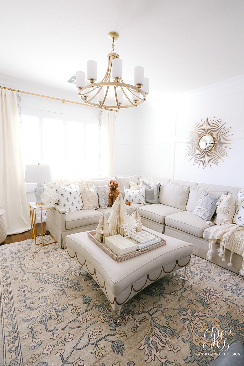 white and gray family room styled for christmas 