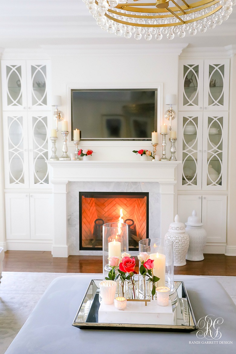 glam family room - white fireplace with builtins