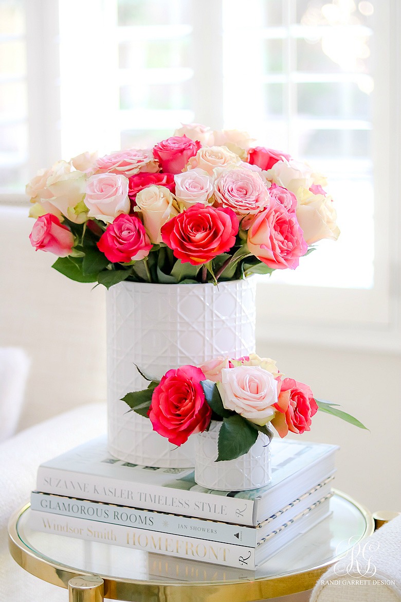 basket weave vase - red pink rose arrangement
