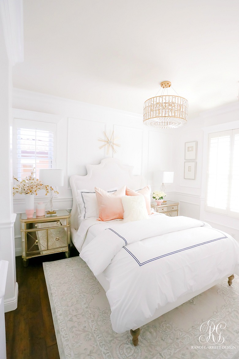 glam guest bedroom - pink blue white wainscoting 