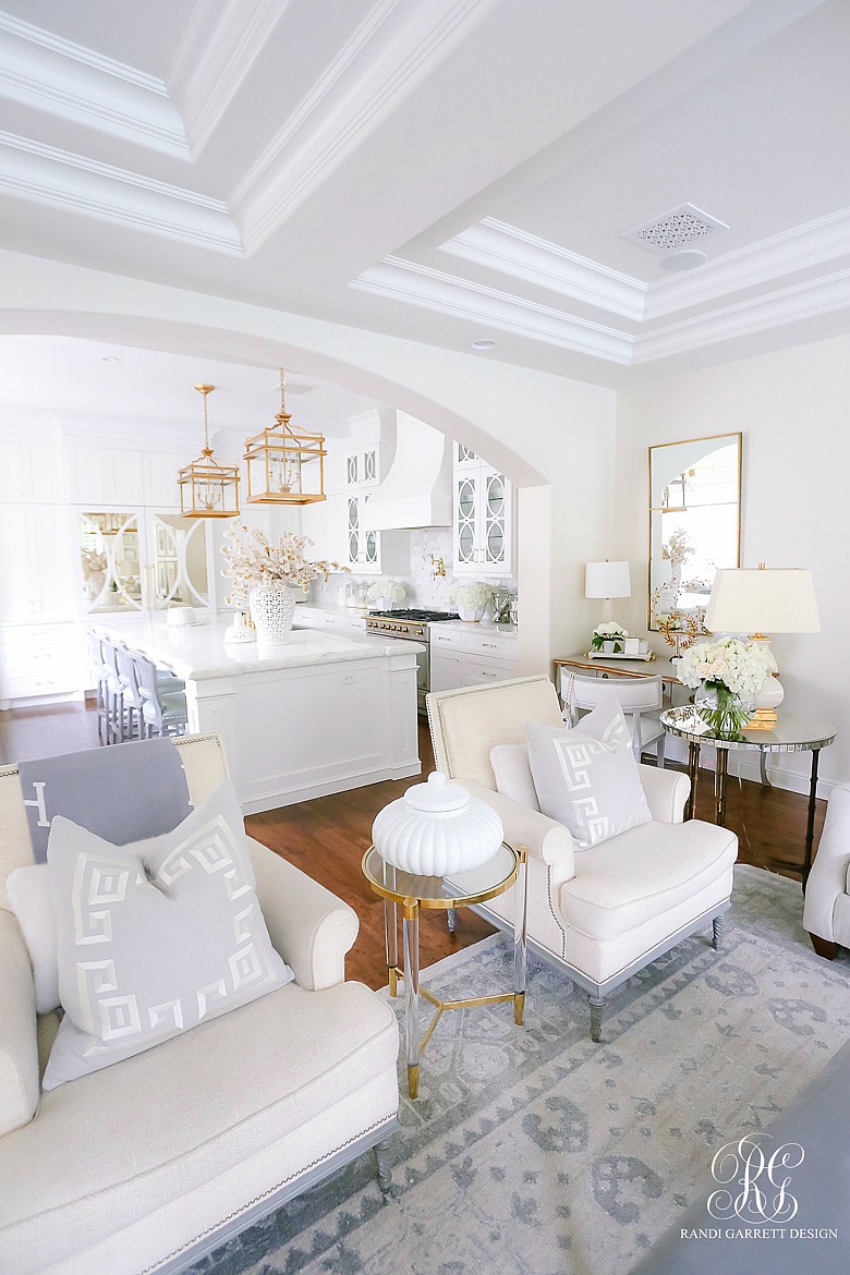 elegant white family room and kitchen