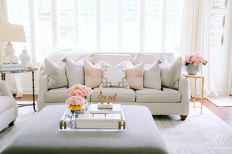 light gray couch - pink pillow - gray fretwork pillow - glam decor