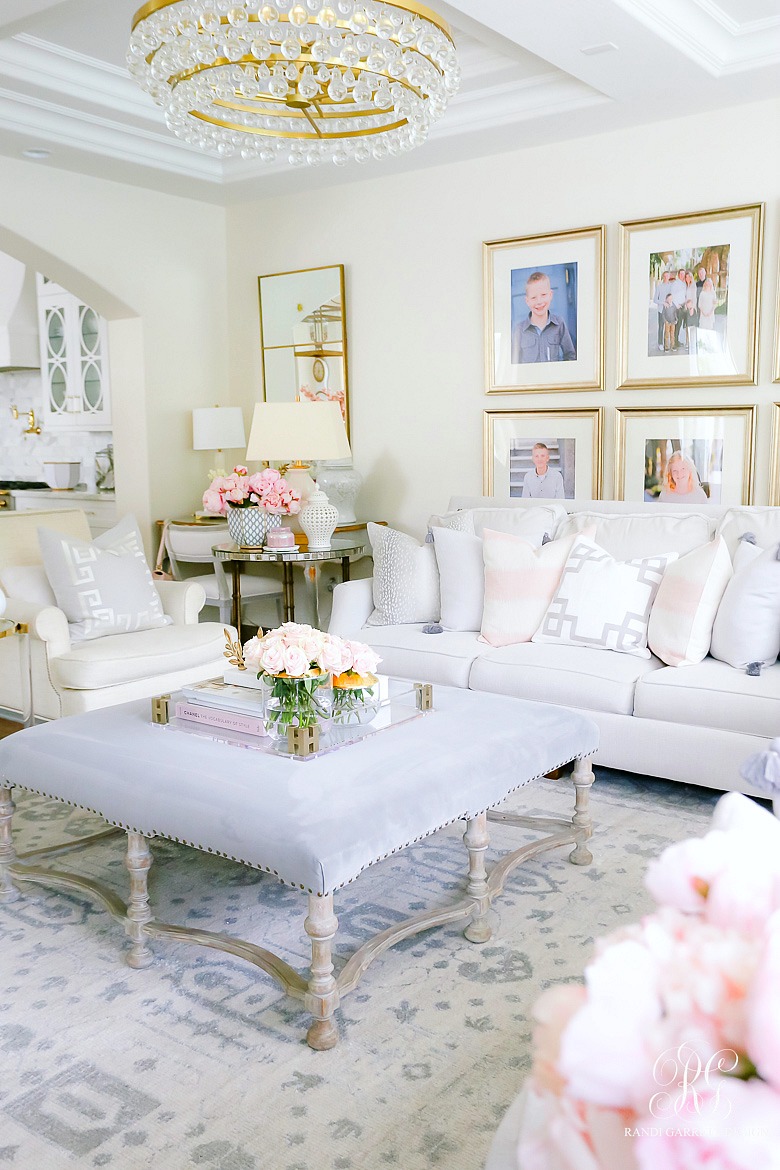 gray and white family room - gold accents - spring decor ideas and tips