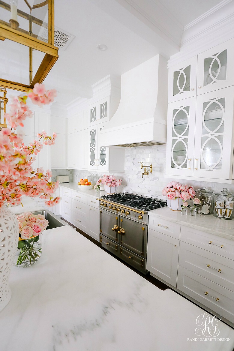 glam white kitchen styled for spring