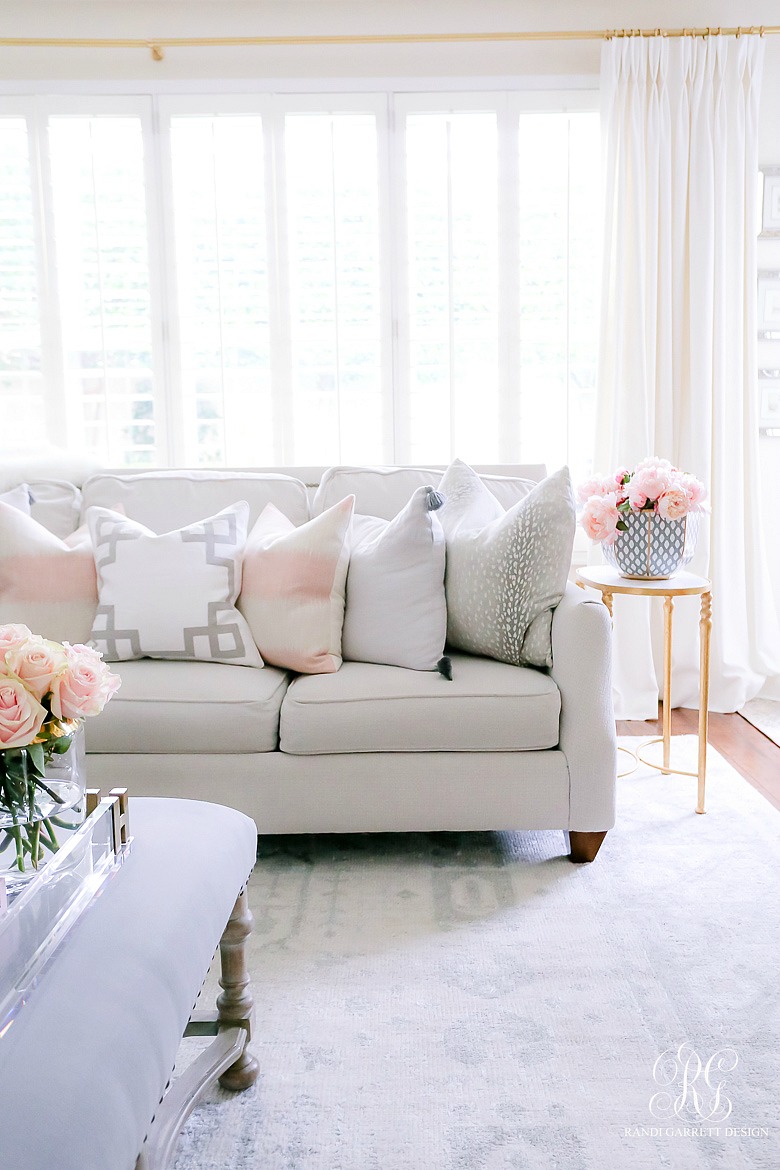 gray and pink pillows - transitional family room 