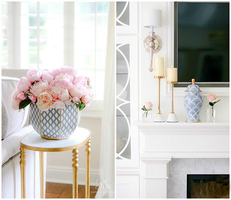 spring accessories - faux peonies - gold marble candlesticks