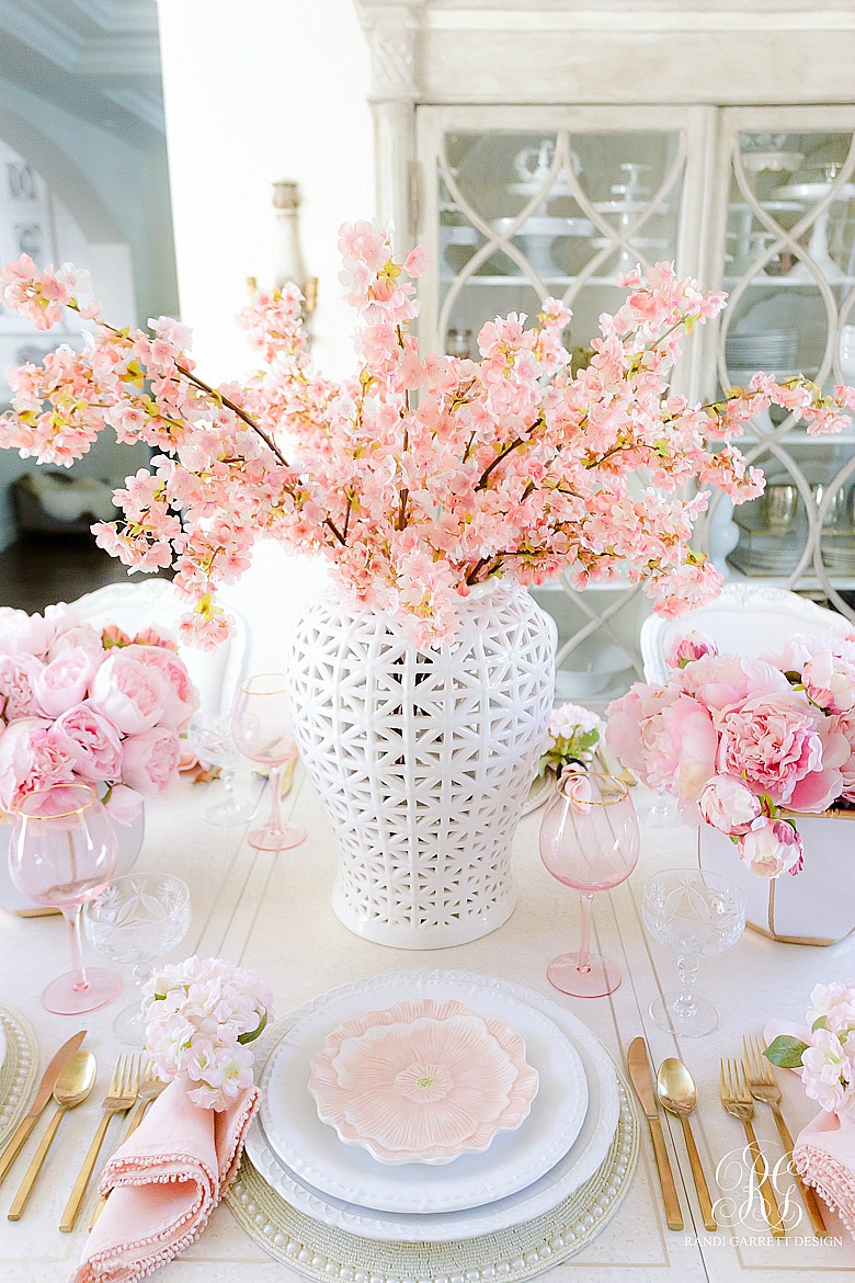 pink cherry blossoms white ginger jar easter table ideas