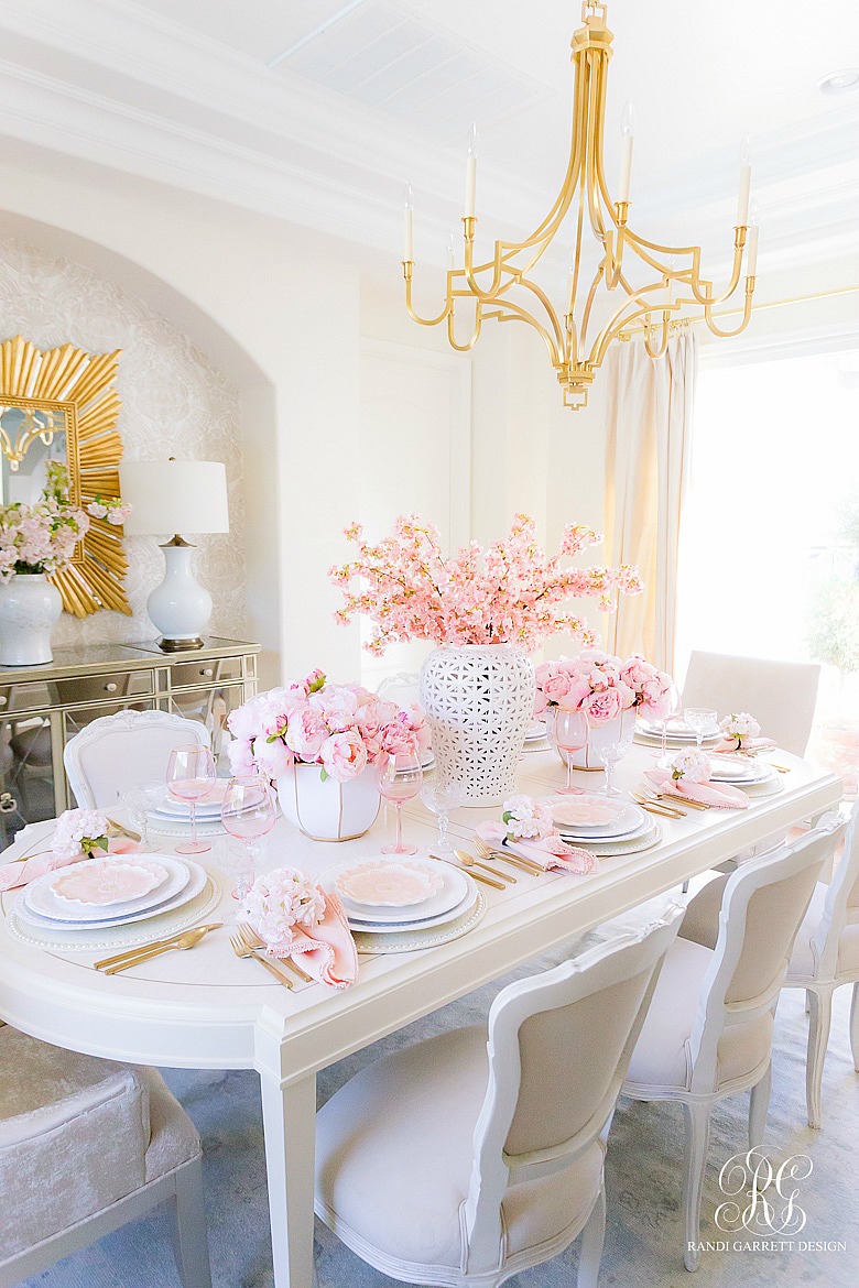 spring pink table pink peonies cherry blossoms