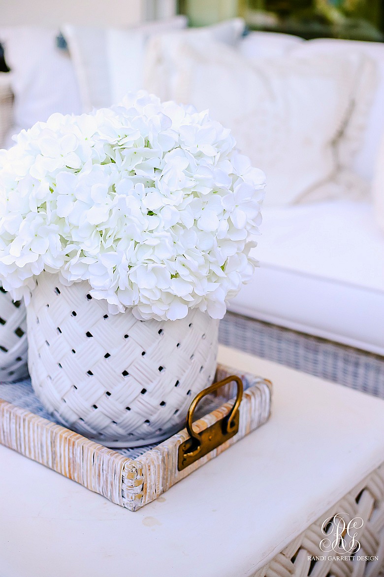 white hydrangea basketweave jar - wicker tray