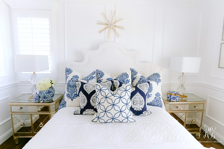 glam blue and white bedroom - pretty bedroom