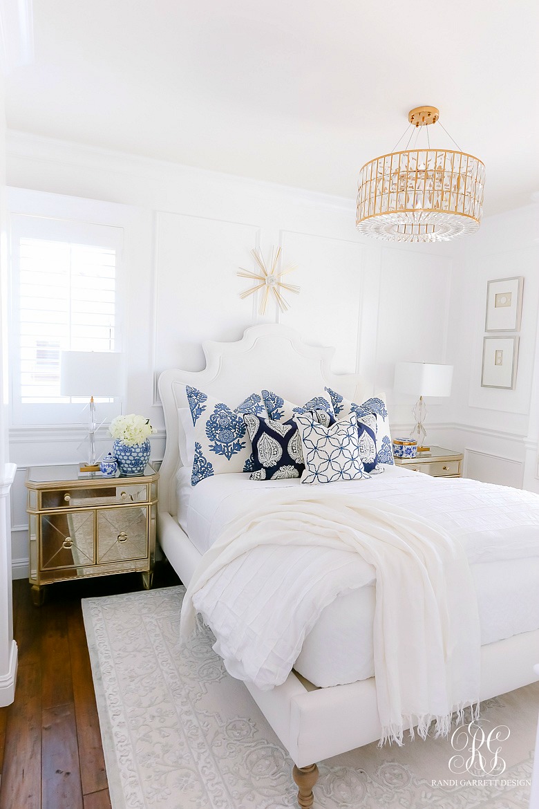 blue white glam elegant bedroom