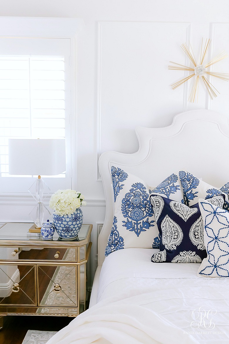 blue white glam beautiful bedroom