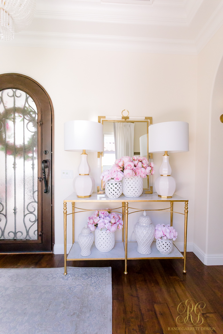 beautiful marble entry table - pink peonies