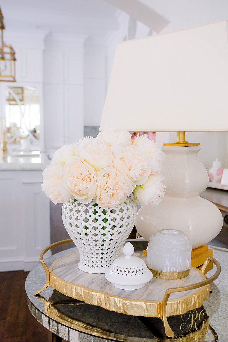 faux peonies - white ginger jar - gold marble tray