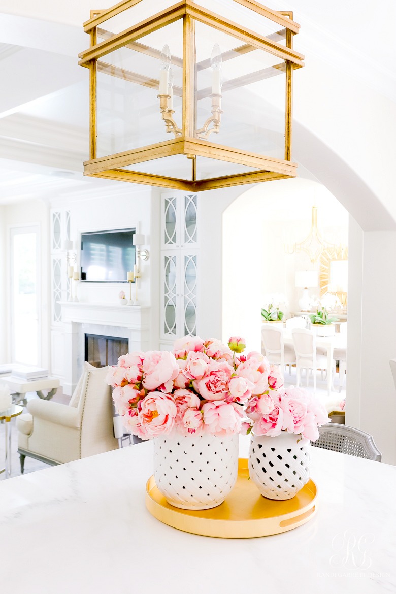 gorgeous kitchen styling - gold lantern - pink peonies - gold tray