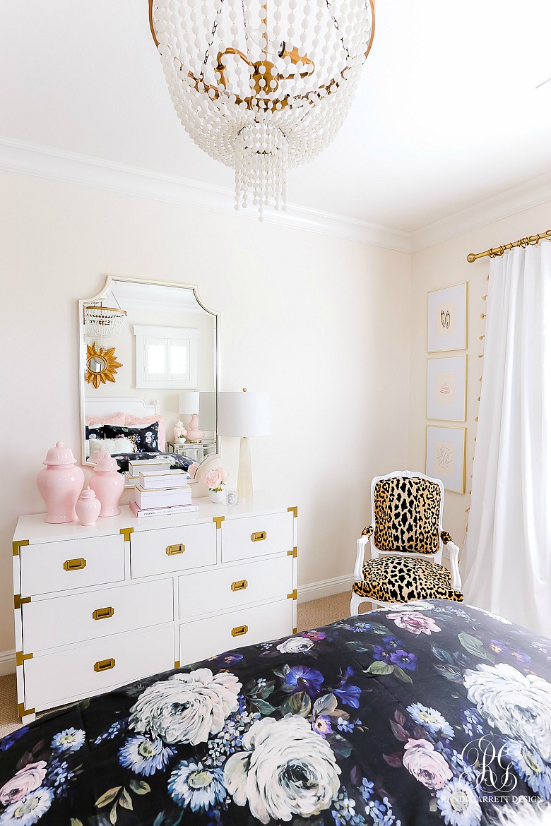 glam girls bedroom - leopard chair - beaded chandlier