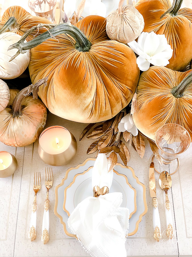 gold velvet pumpkin fall table