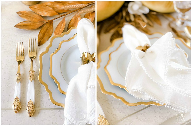 gold flatware - gold white dishes - pom pom napkins