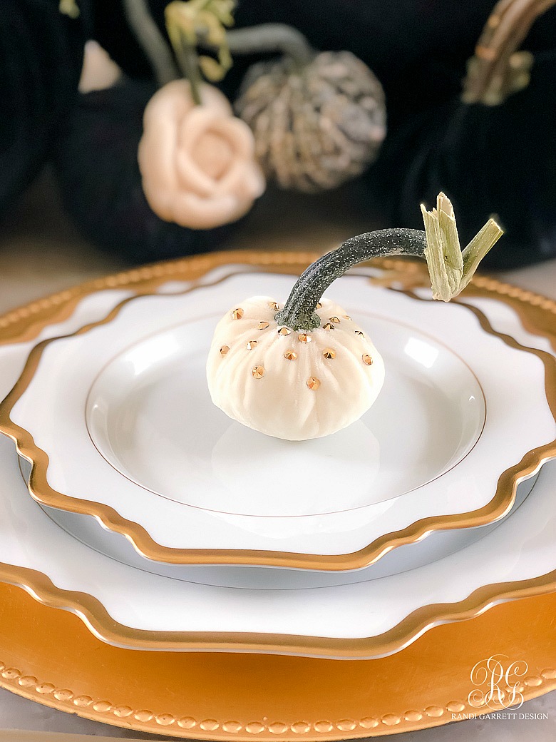 mini white velvet pumpkin place setting