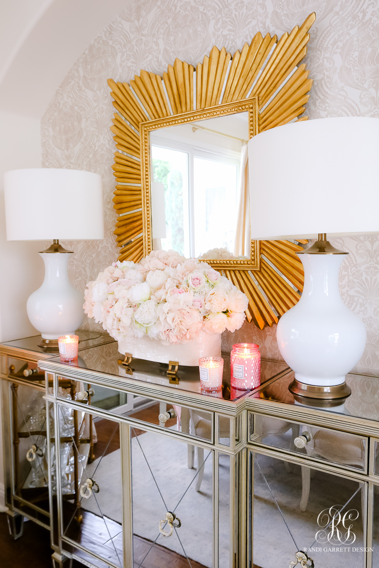 faux pink peony arrangement mirrored buffet