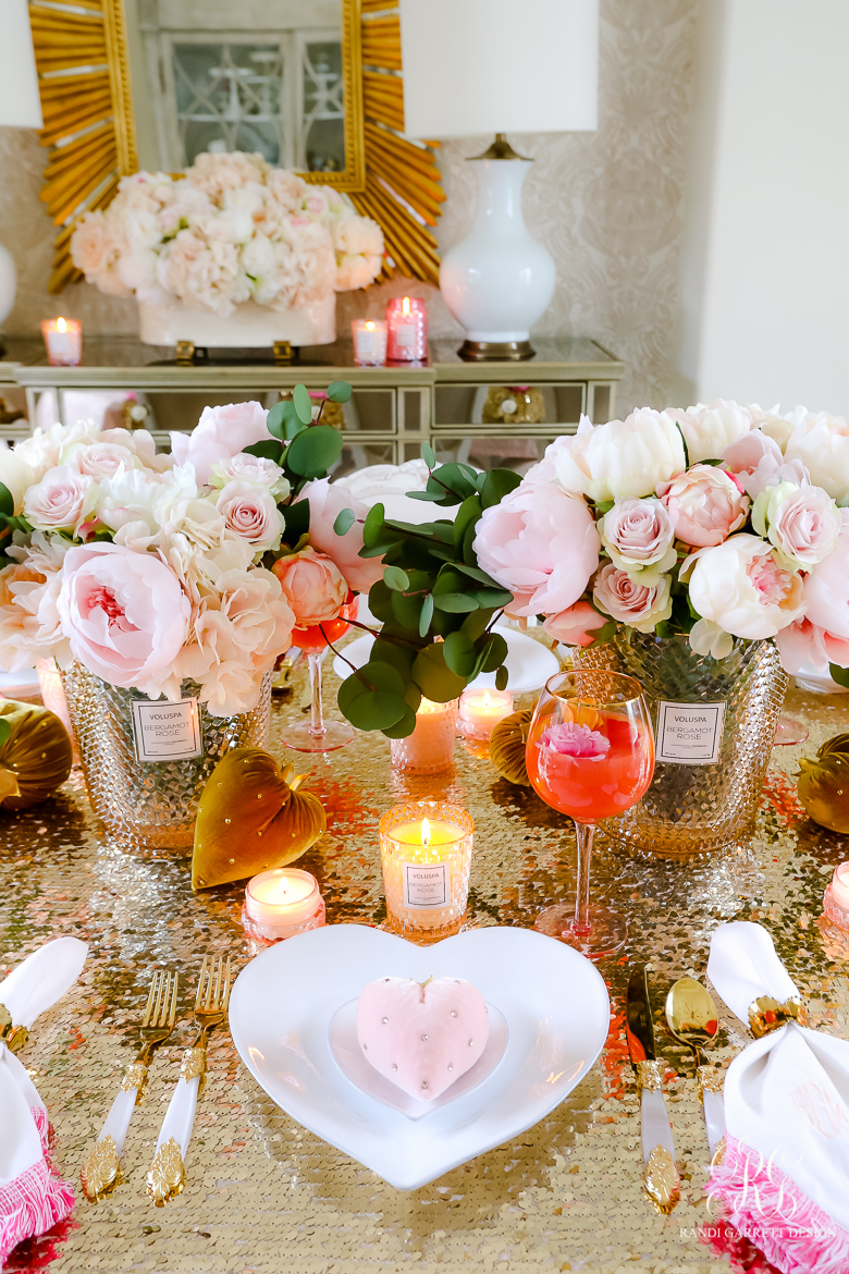 Pink Peony Valentine's Day Table gold sequin tablecloth