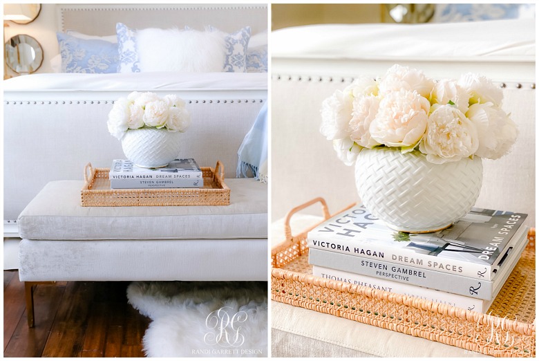basketweave tray with white peonies
