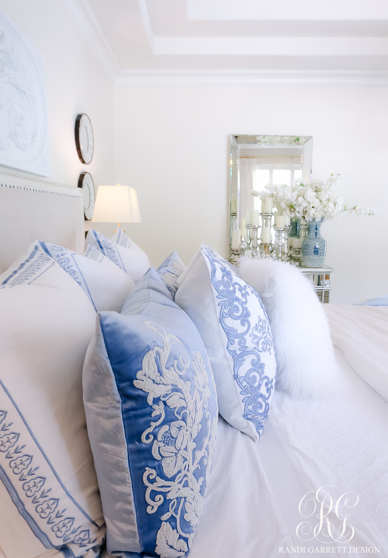 White and Blue Bedroom with Blue Pillows on White French Bed - Traditional  - Bedroom