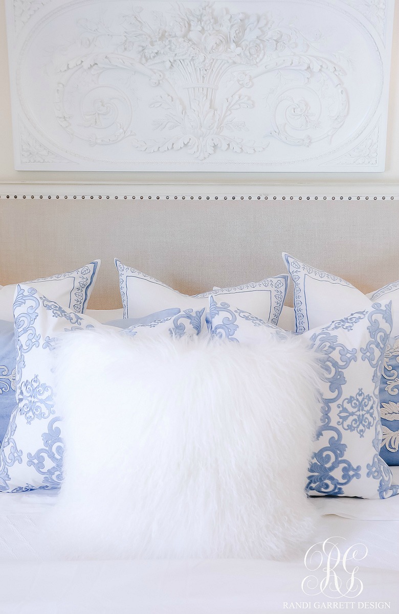 french blue and white pillows - glam bedroom