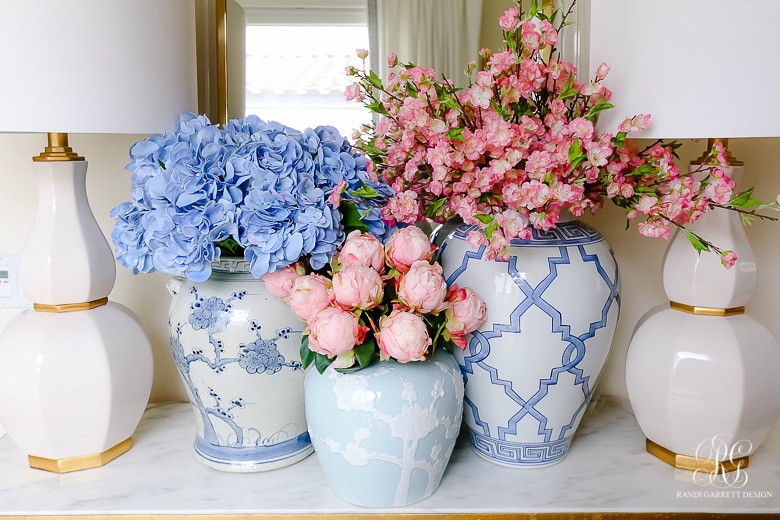 peony cherry blossom blue hydrangea arrangements 