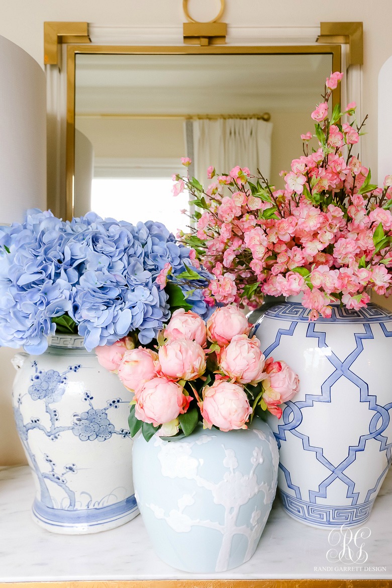 pink and blue spring floral arrangements