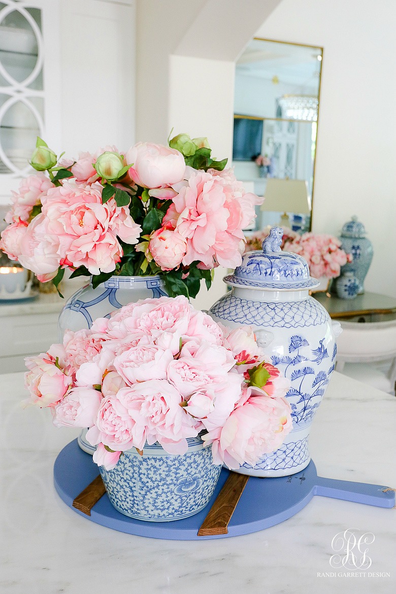 ginger jars filled pink peonies