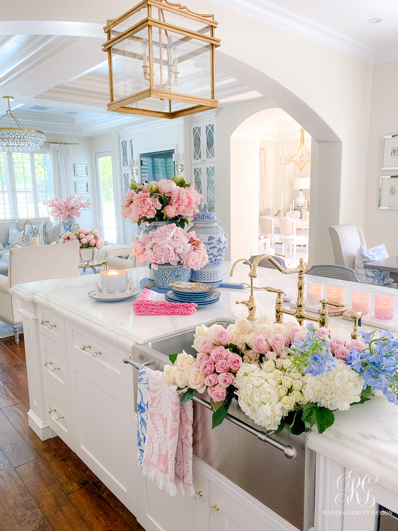 spring kitchen - white kitchen pink peonies