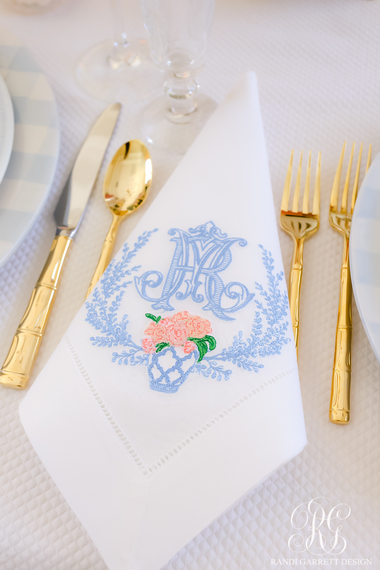 monogramed napkins ginger jar pink peonies