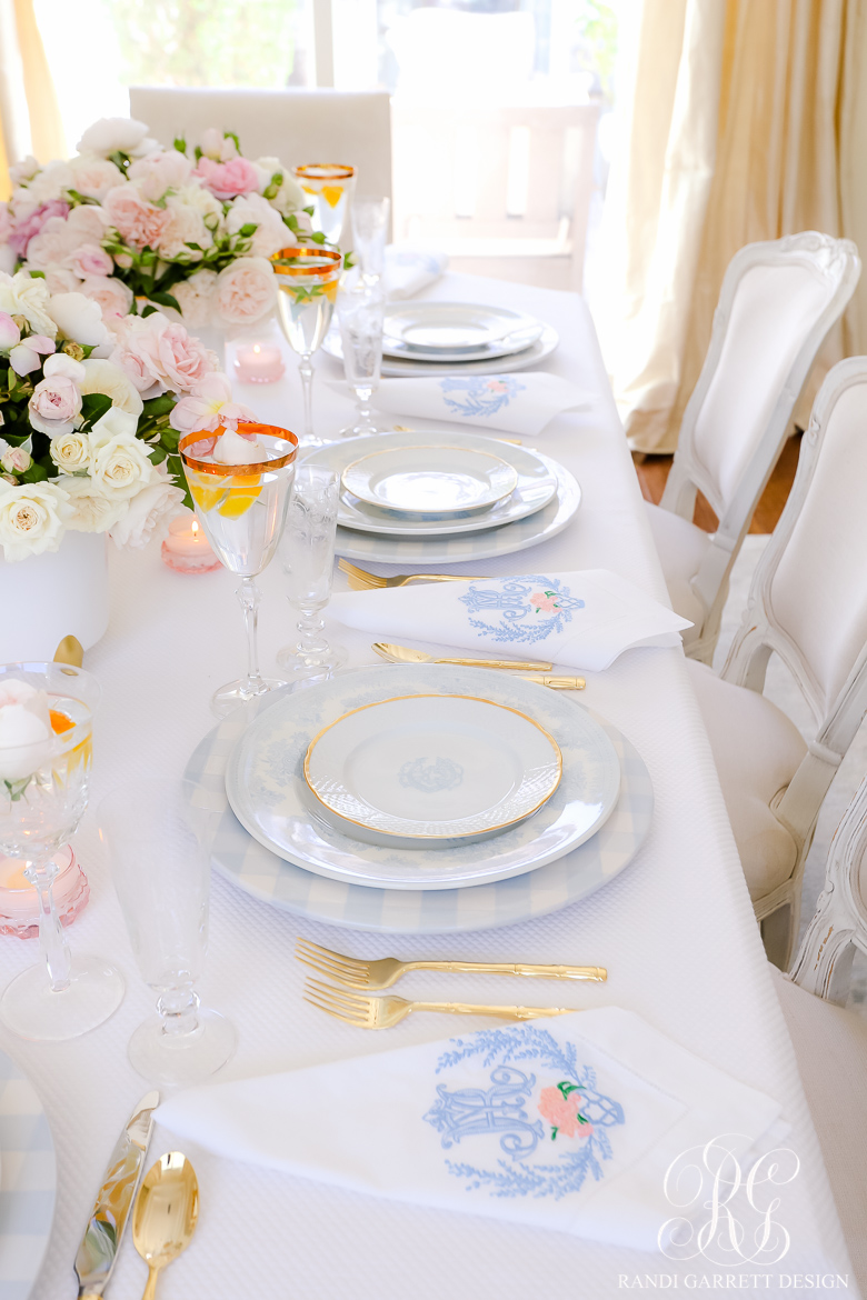 pretty spring table monogramed plates napkins