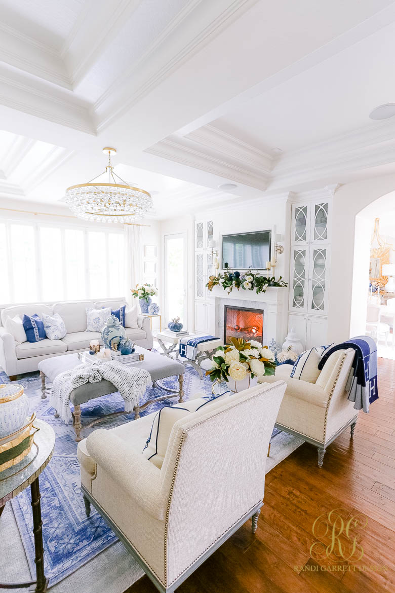 Blue and White Family Room Fall Home Tour