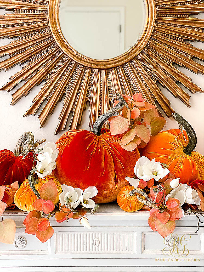 fall decor ideas orange velvet pumpkins magnolia fall leaves