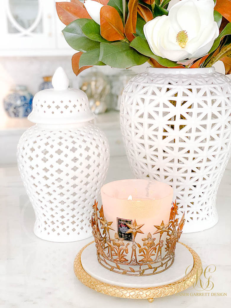 white ginger jars fall decor candle with crown