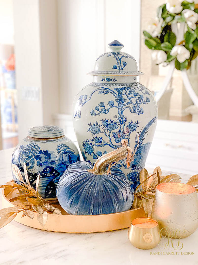 ginger jars blue pumpkins fall decor