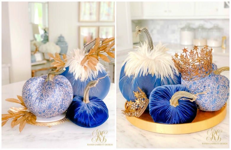 blue velvet pumpkins crowns fall decor