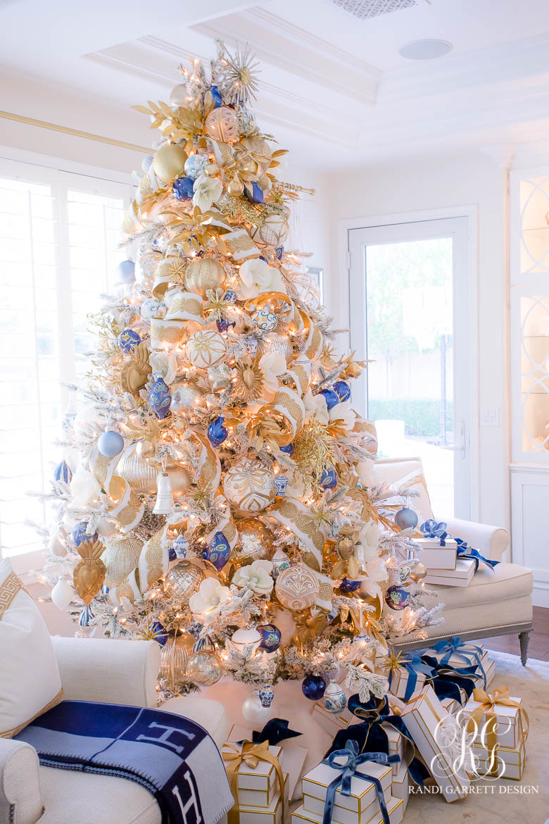 Flocked Christmas Tree Decor: Blue, Silver + Gold - CitrineLiving