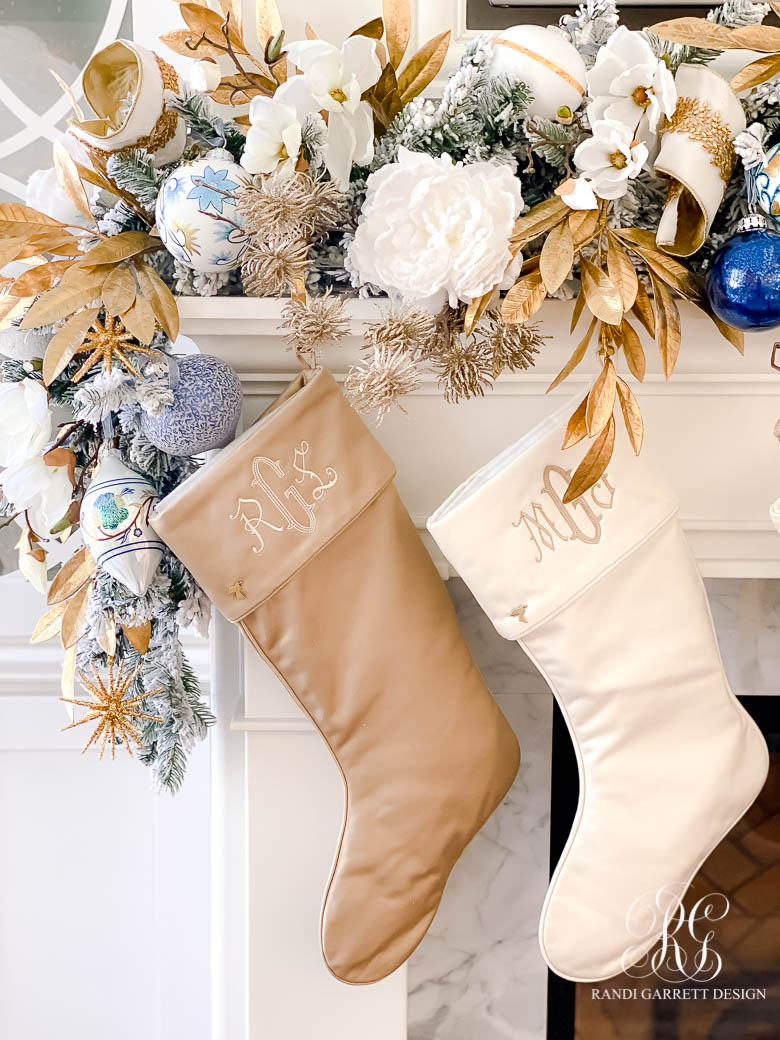 designer stockings Christmas mantel