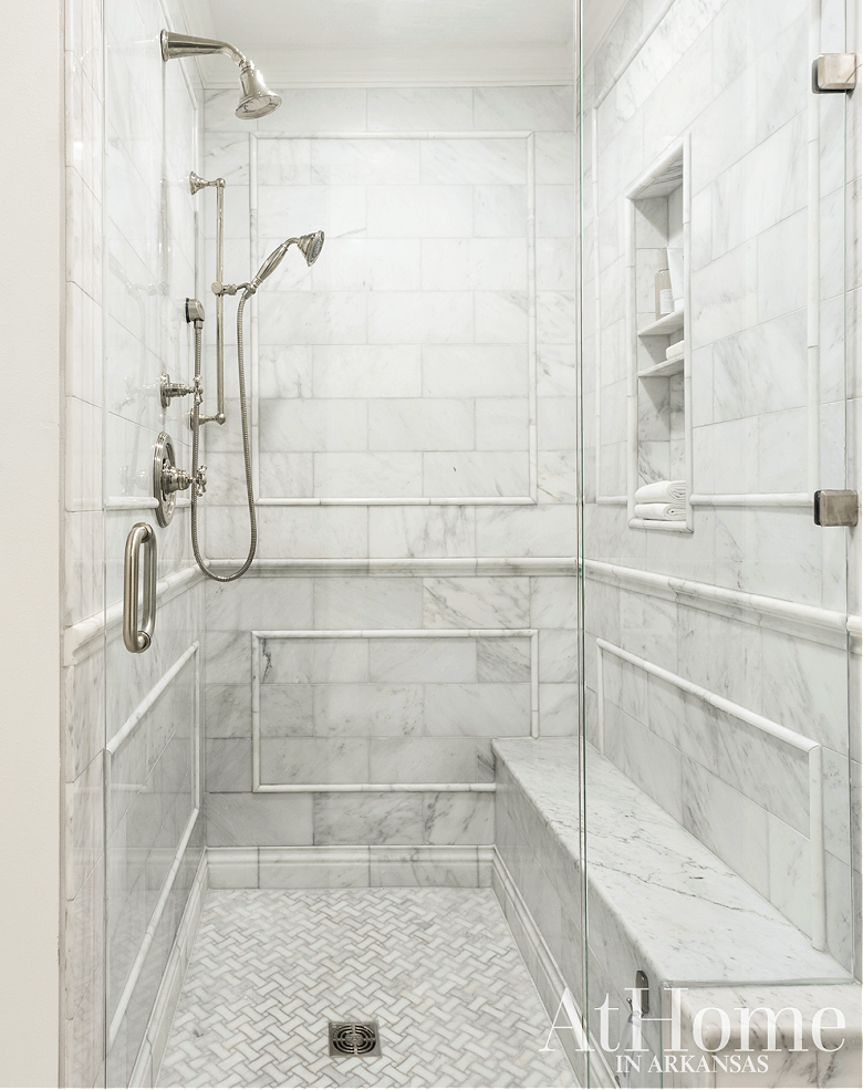 shower with marble wainscoting 