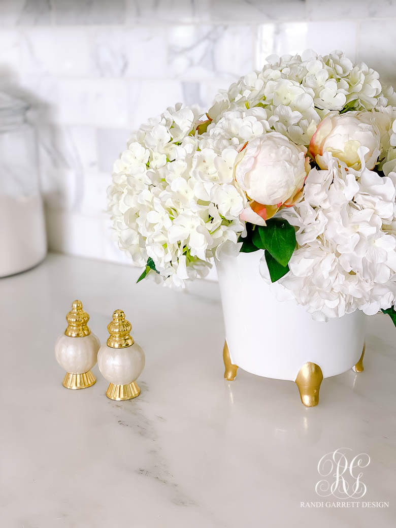 peony salt and pepper shaker hydrangea arrangement