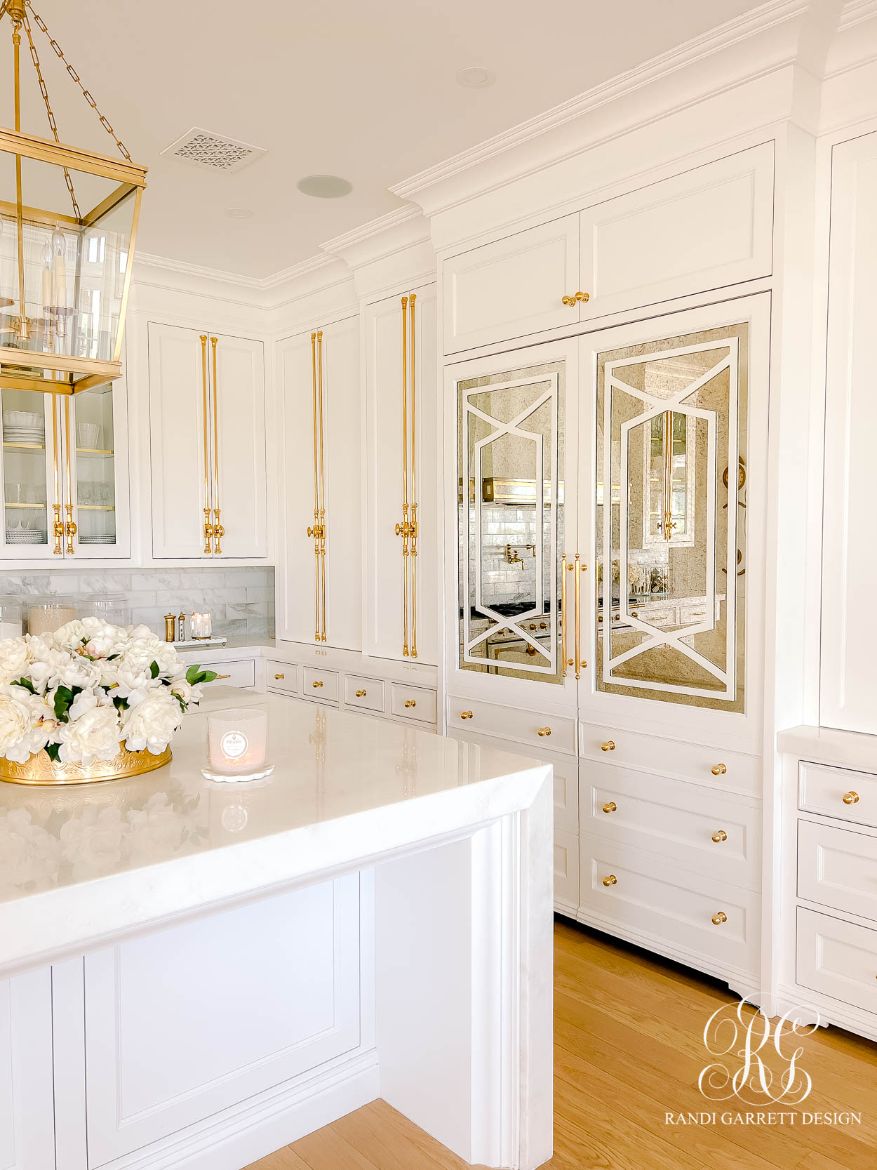white gold kitchen mirrored fridge