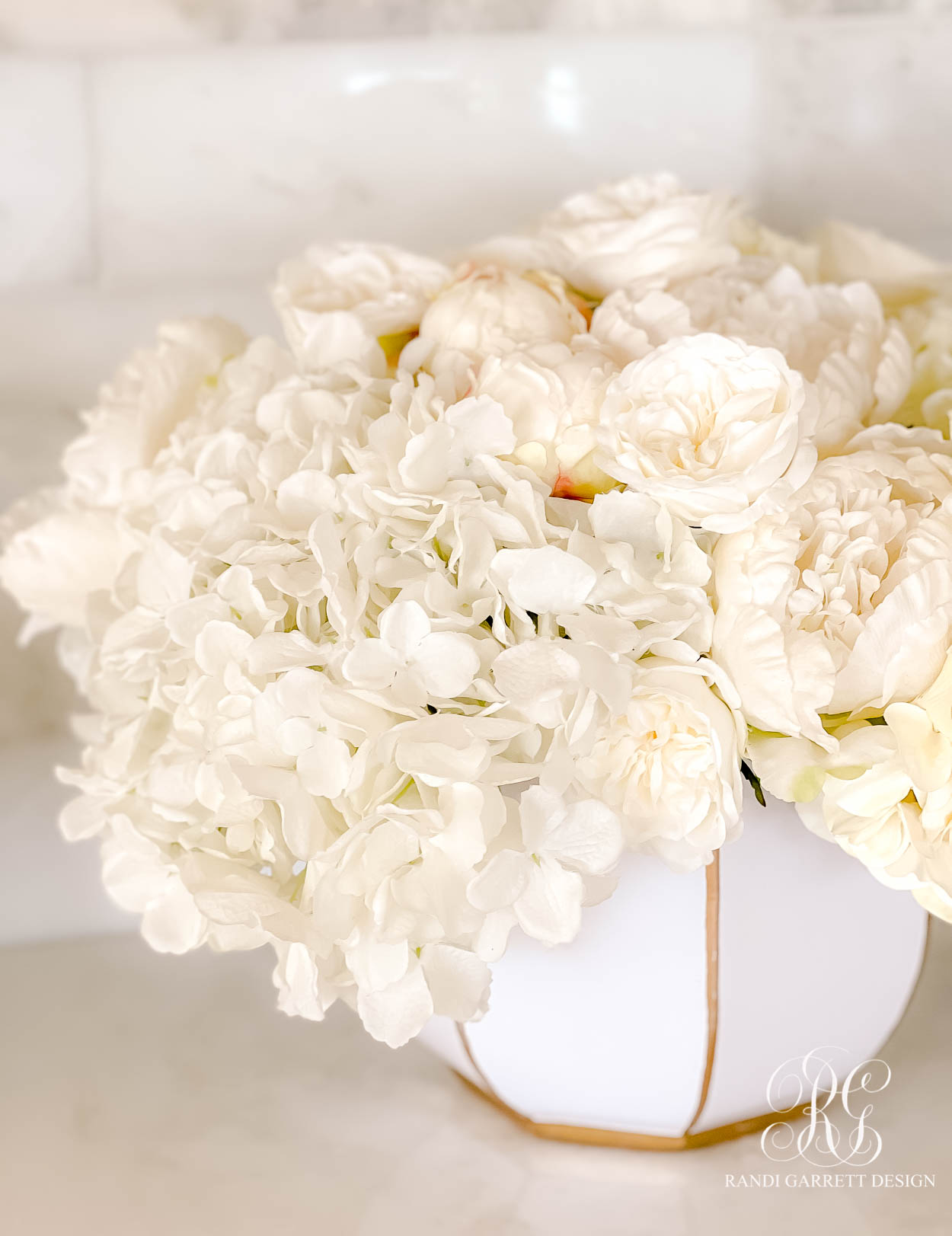 white peony and hydrangea arrangement